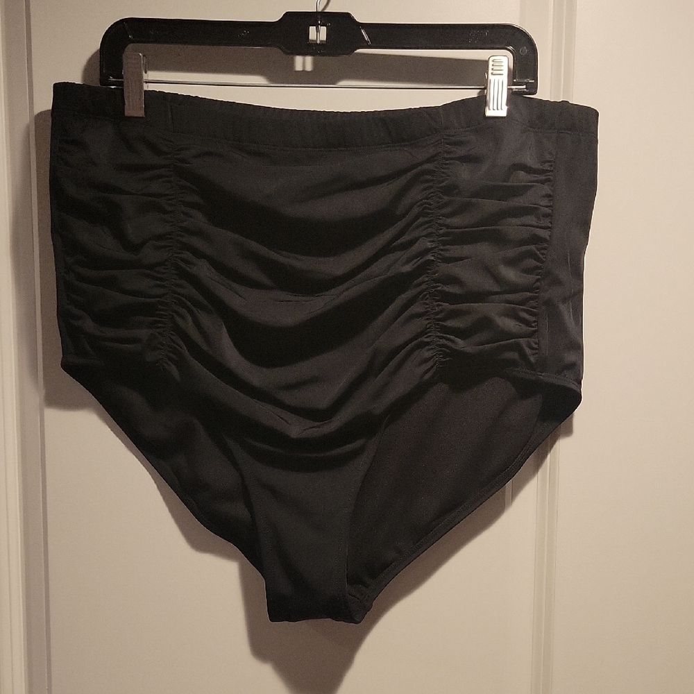 Black Ruched High-Waisted Swim Bottoms